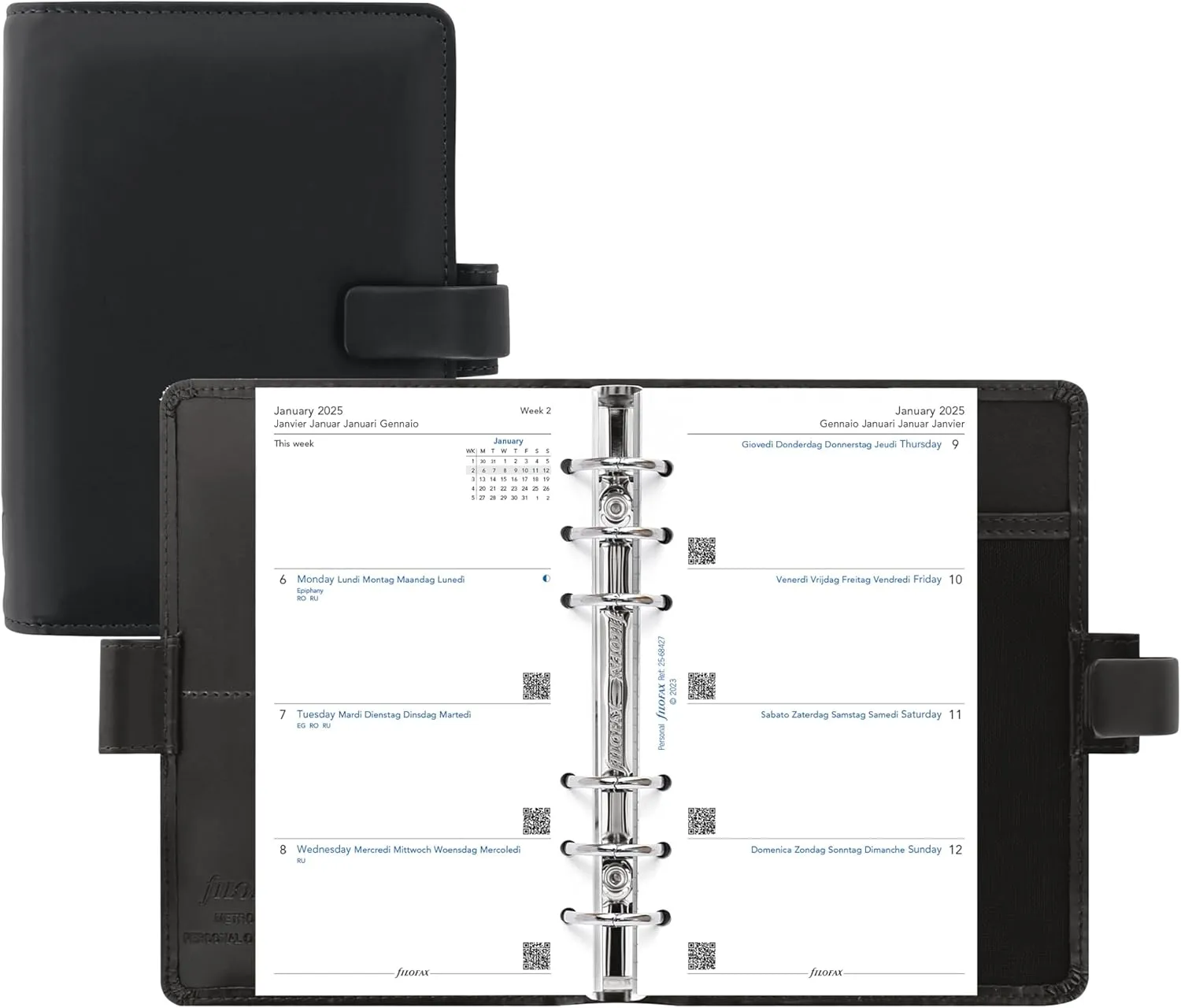 Filofax Metropol Organizer, Personal Size, Black - Leather-Look, Six Rings, Week-to-View Calendar Diary, Multilingual, 2025 (C026902-25)