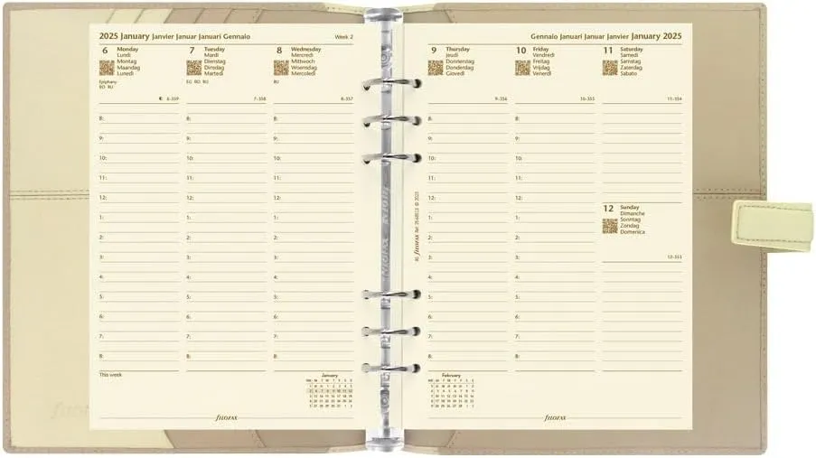 Filofax Nappa Organizer, A5 Size, Vanilla - Leather, Six Rings, Week-to-View Calendar Diary, Multilingual, 2025 (C025158-25)