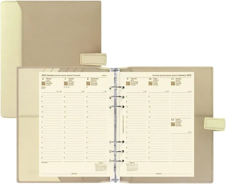 Filofax Nappa Organizer, A5 Size, Vanilla - Leather, Six Rings, Week-to-View Calendar Diary, Multilingual, 2025 (C025158-25)