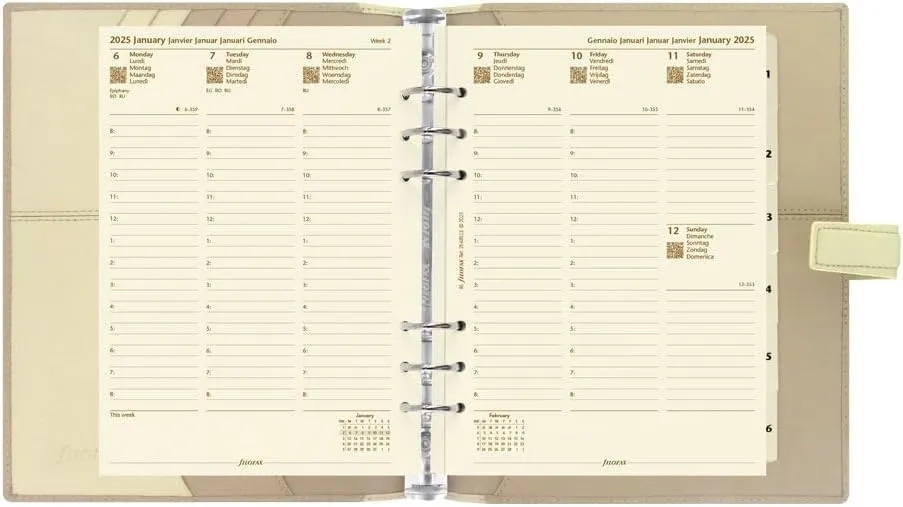 Filofax Nappa Organizer, A5 Size, Vanilla - Leather, Six Rings, Week-to-View Calendar Diary, Multilingual, 2025 (C025158-25)