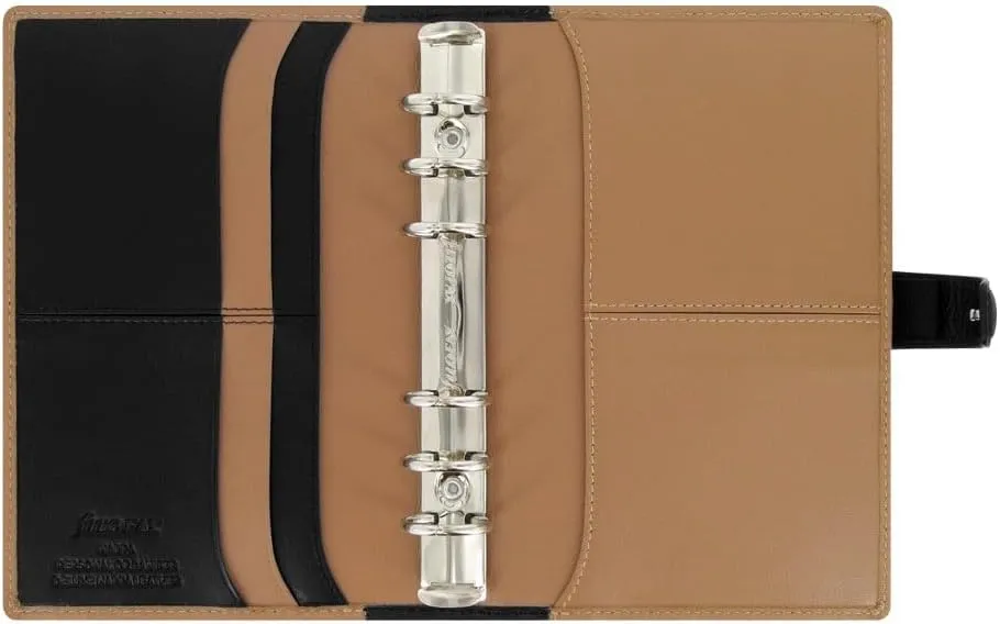 Filofax Nappa Organizer, Personal Size, Taupe/Black - Leather, Six Rings, Week-to-View Calendar Diary, Multilingual, 2025 (C025136-25)