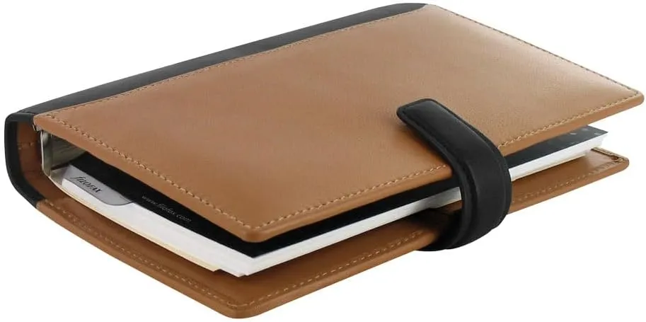 Filofax Nappa Organizer, Personal Size, Taupe/Black - Leather, Six Rings, Week-to-View Calendar Diary, Multilingual, 2025 (C025136-25)