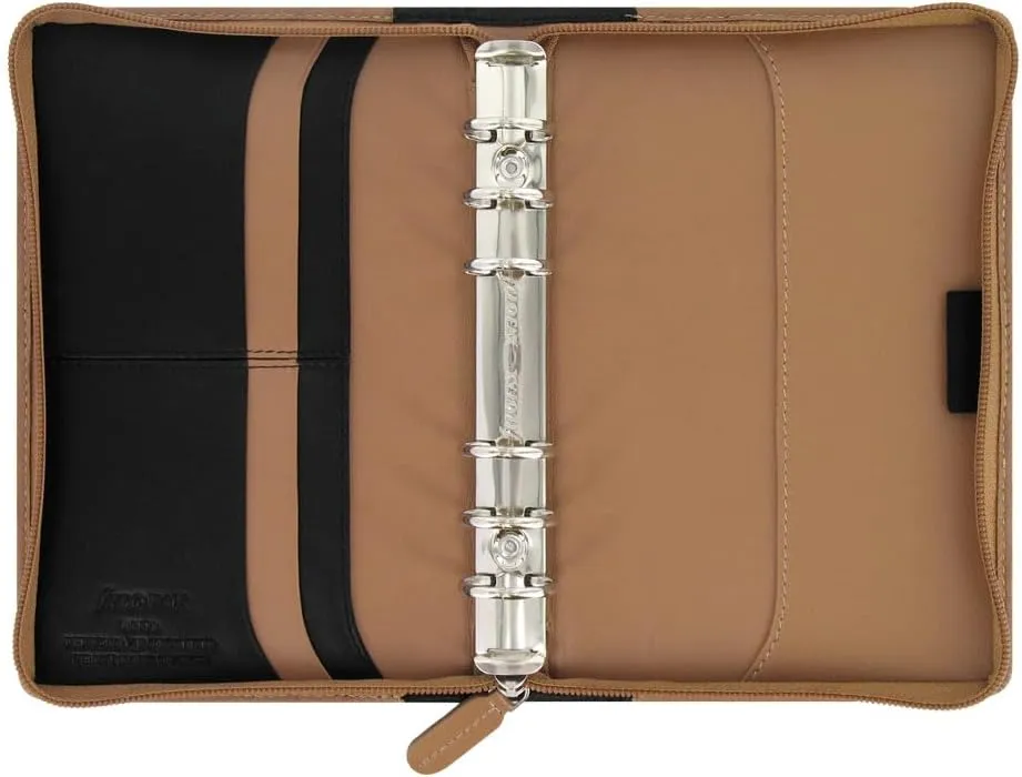 Filofax Nappa Zip Organizer, Personal Size, Taupe/Black - Leather, Six Rings, Week-to-View Calendar Diary, Multilingual, 2025 (C025152-25)