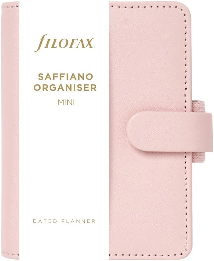 Filofax Saffiano Organizer, Mini Size, Blush - Cross-Grain, Leather-Look, Five Rings, Week-to-View Calendar Diary, Multilingual, 2025 (C022696-25)