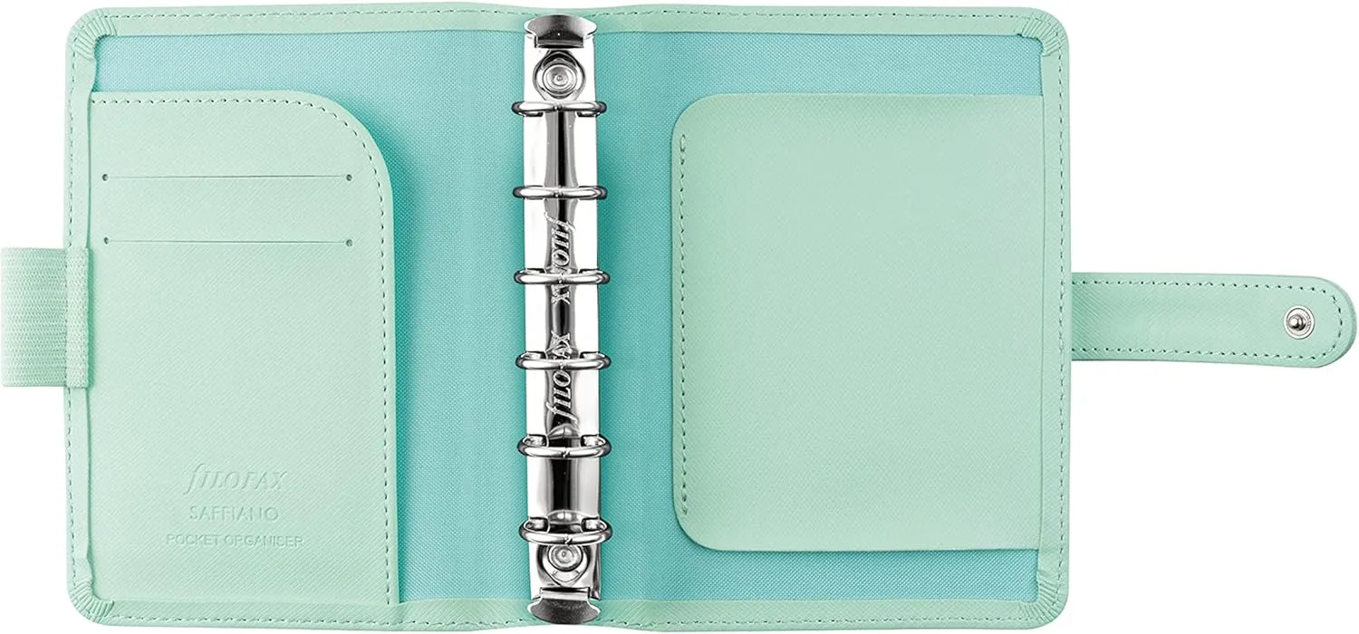 Filofax Saffiano Organizer, Pocket Size, Neo Mint - Cross-Grain, Leather-Look, Six Rings, Week-to-View Calendar Diary, Multilingual, 2025 (C028813-25)