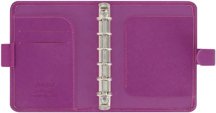 Filofax Saffiano Organizer, Pocket Size, Raspberry - Cross-Grain, Leather-Look, Six Rings, Week-to-View Calendar Diary, Multilingual, 2025 (C022452-25)