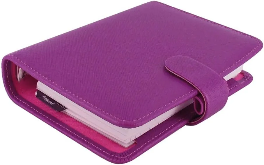 Filofax Saffiano Organizer, Pocket Size, Raspberry - Cross-Grain, Leather-Look, Six Rings, Week-to-View Calendar Diary, Multilingual, 2025 (C022452-25)