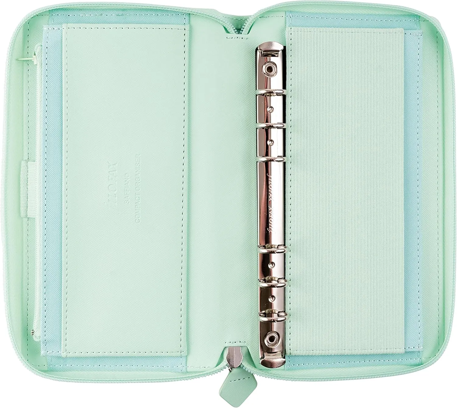 Filofax Saffiano Zip Organizer, Personal Compact Size, Neo Mint - Cross-Grain, Leather-Look, Six Rings, Week-to-View Calendar Diary, Multilingual, 2025 (C028811-25)