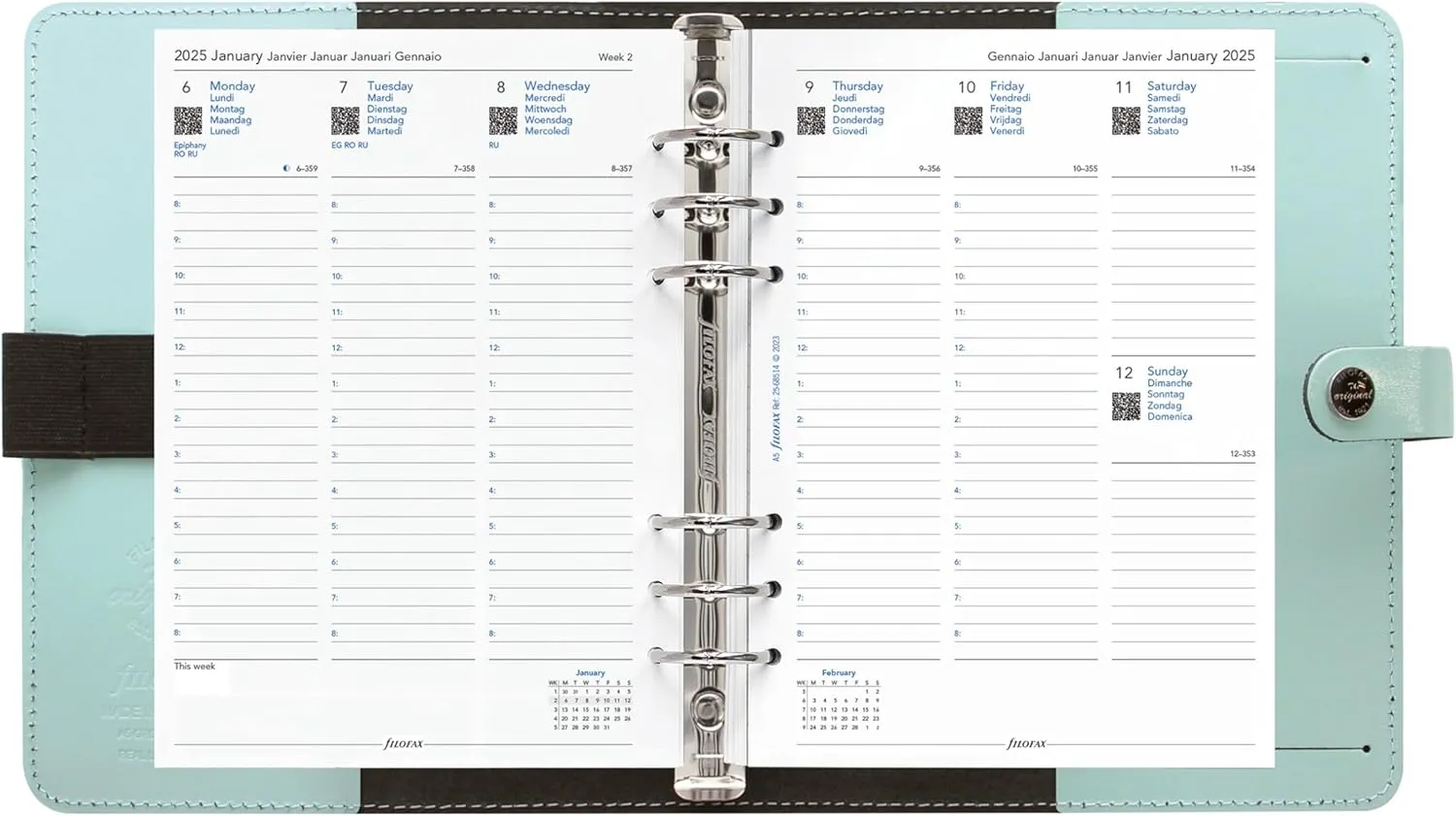 Filofax The Original Organizer, A5 Size, Duck Egg - Leather, Six Rings, Week-to-View Calendar Diary, Multilingual, 2025 (C026039-25)