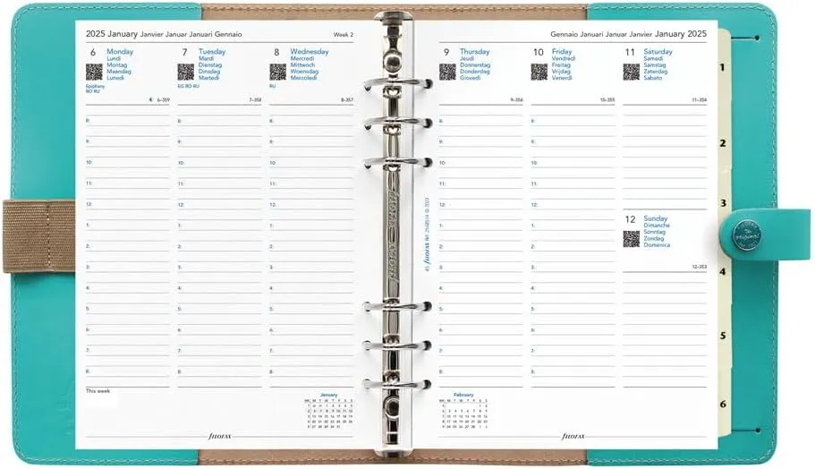 Filofax The Original Organizer, A5 Size, Turquoise - Leather, Six Rings, Week-to-View Calendar Diary, Multilingual, 2025 (C022600-25)
