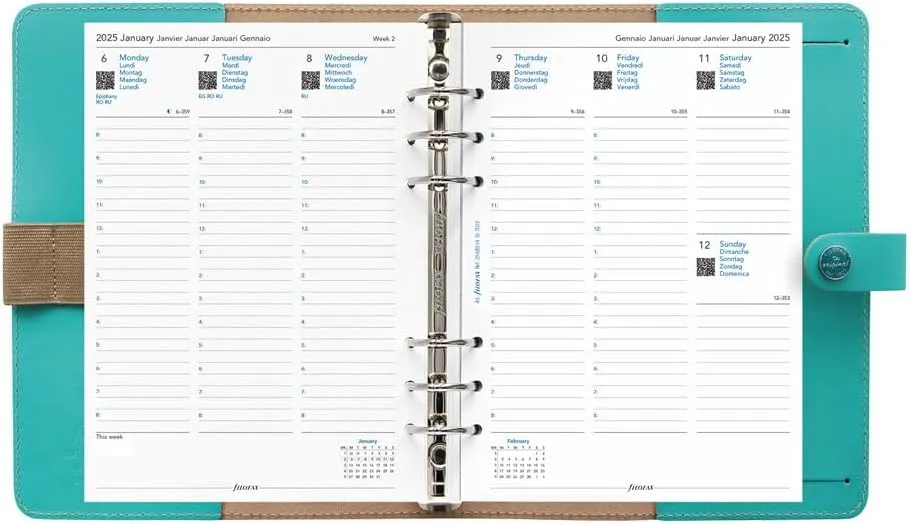Filofax The Original Organizer, A5 Size, Turquoise - Leather, Six Rings, Week-to-View Calendar Diary, Multilingual, 2025 (C022600-25)