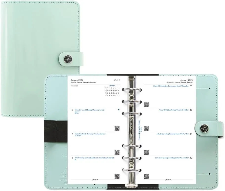 Filofax The Original Organizer, Personal Size, Duck Egg - Leather, Six Rings, Week-to-View Calendar Diary, Multilingual, 2025 (C026038-25)