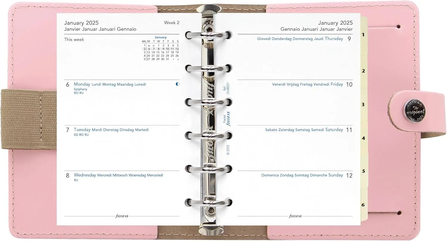 Filofax The Original Organizer, Pocket Size, Patent Rose - Leather, Six Rings, Week-to-View Calendar Diary, Multilingual, 2025 (C026081-25)