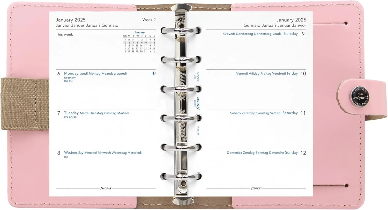 Filofax The Original Organizer, Pocket Size, Patent Rose - Leather, Six Rings, Week-to-View Calendar Diary, Multilingual, 2025 (C026081-25)