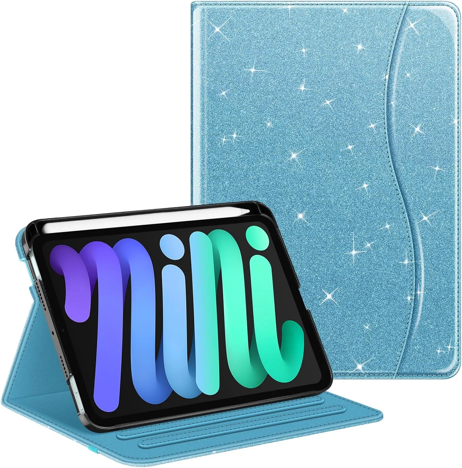 Fintie Folio Case for iPad Mini 7 (A17 Pro, 7th Generation) 2024 / iPad Mini 6 (6th Gen) 8.3 Inch, Multi-Angle Smart Stand Cover with Pencil Holder & Pocket, Auto Sleep/Wake, Glittering Blue