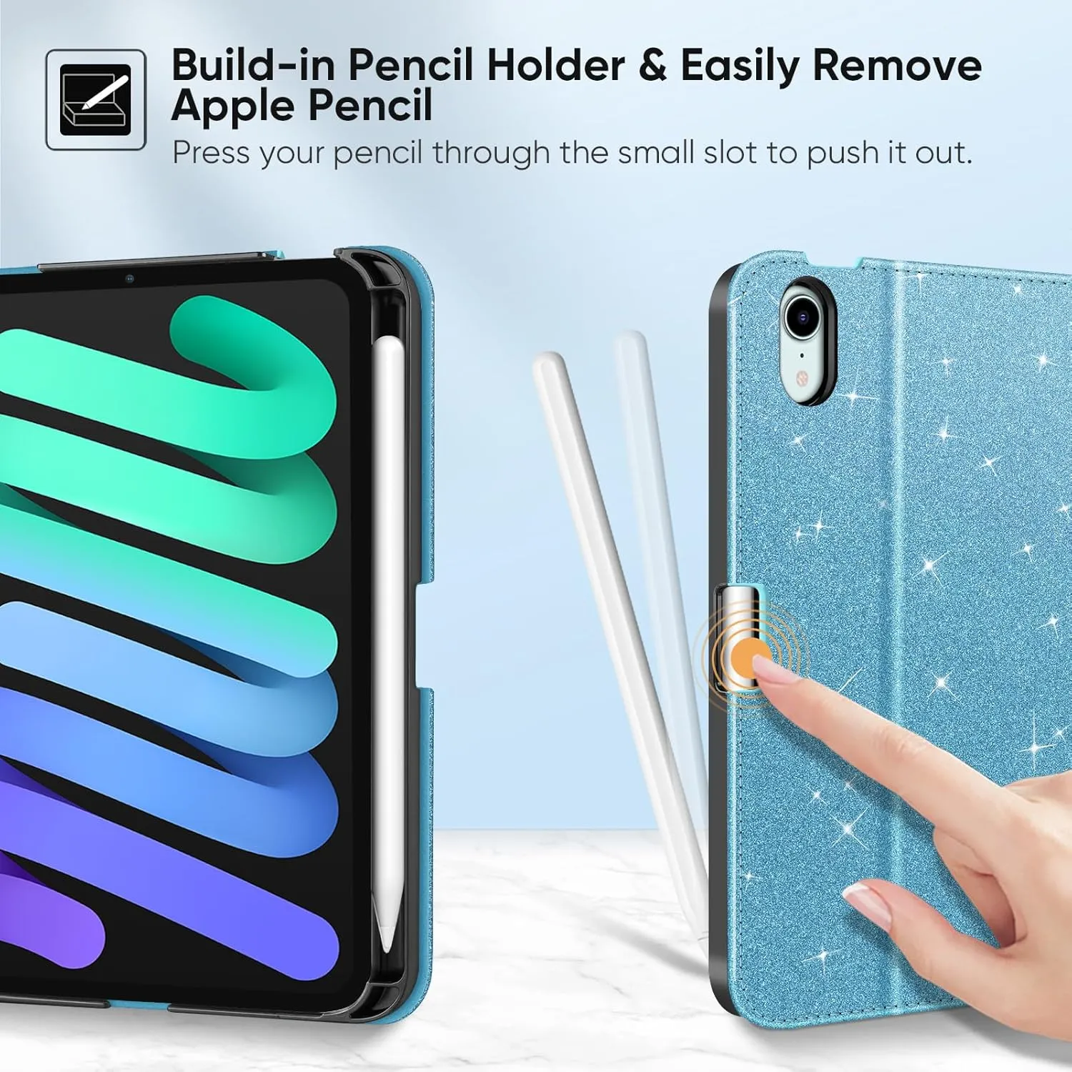 Fintie Folio Case for iPad Mini 7 (A17 Pro, 7th Generation) 2024 / iPad Mini 6 (6th Gen) 8.3 Inch, Multi-Angle Smart Stand Cover with Pencil Holder & Pocket, Auto Sleep/Wake, Glittering Blue