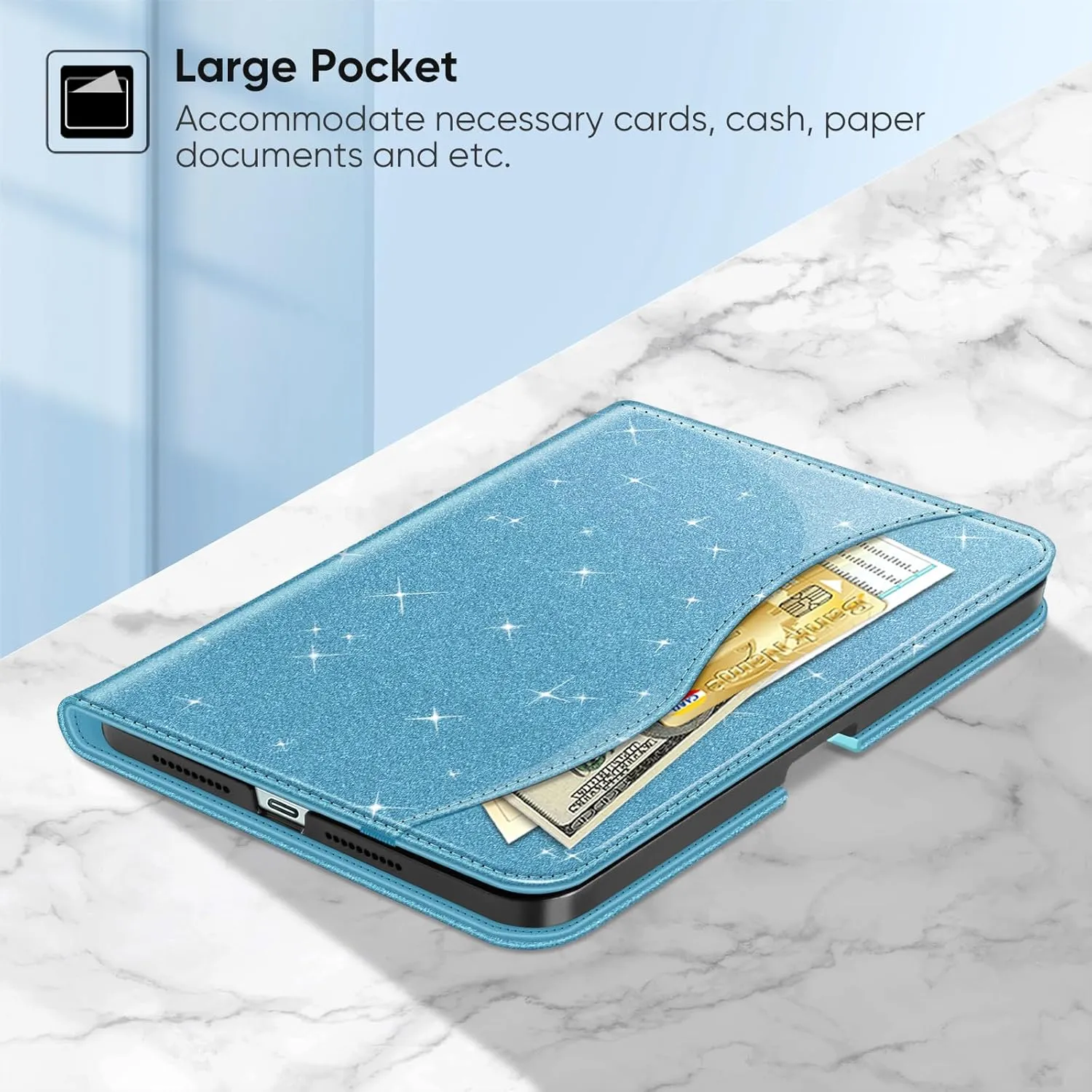 Fintie Folio Case for iPad Mini 7 (A17 Pro, 7th Generation) 2024 / iPad Mini 6 (6th Gen) 8.3 Inch, Multi-Angle Smart Stand Cover with Pencil Holder & Pocket, Auto Sleep/Wake, Glittering Blue
