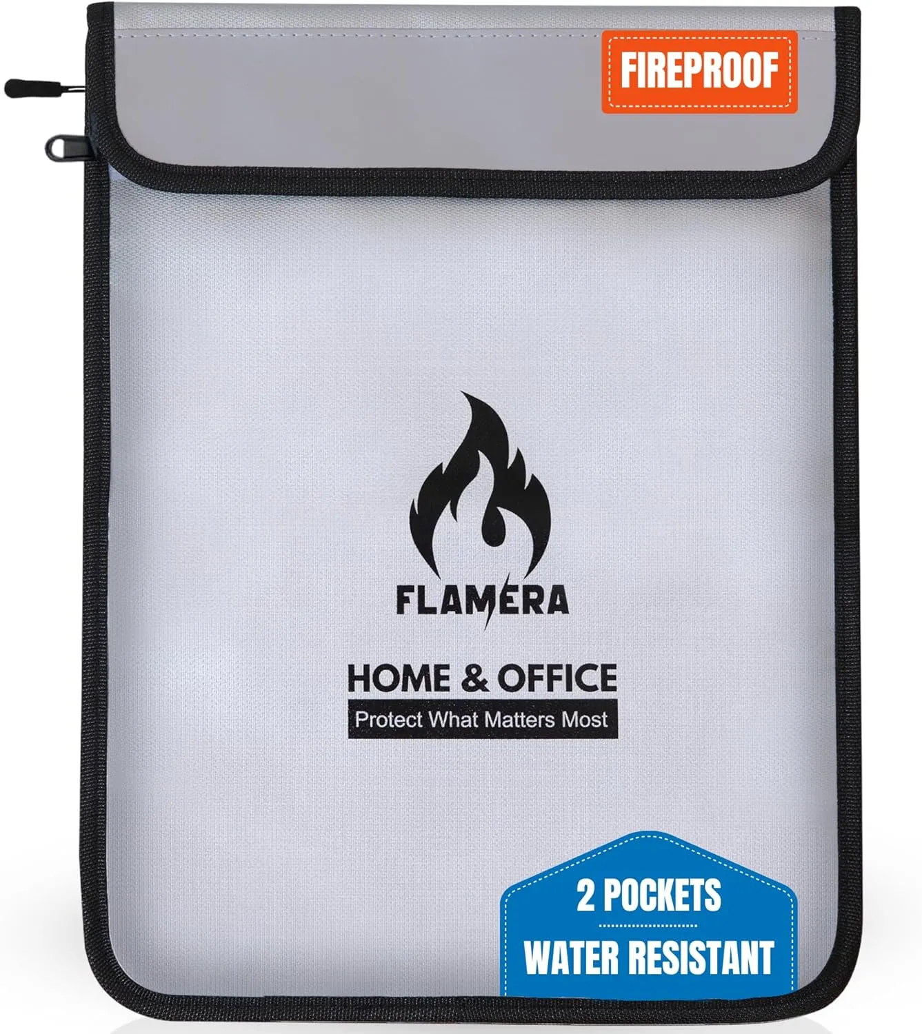 Fireproof and Water-Resistant Bag with Two Pockets and Secure Zipper – 15" x 11" Fireproof Money Bag, Heat Resistant up to 2000°F – Protects Documents, Cash, and Valuables for Home or Office