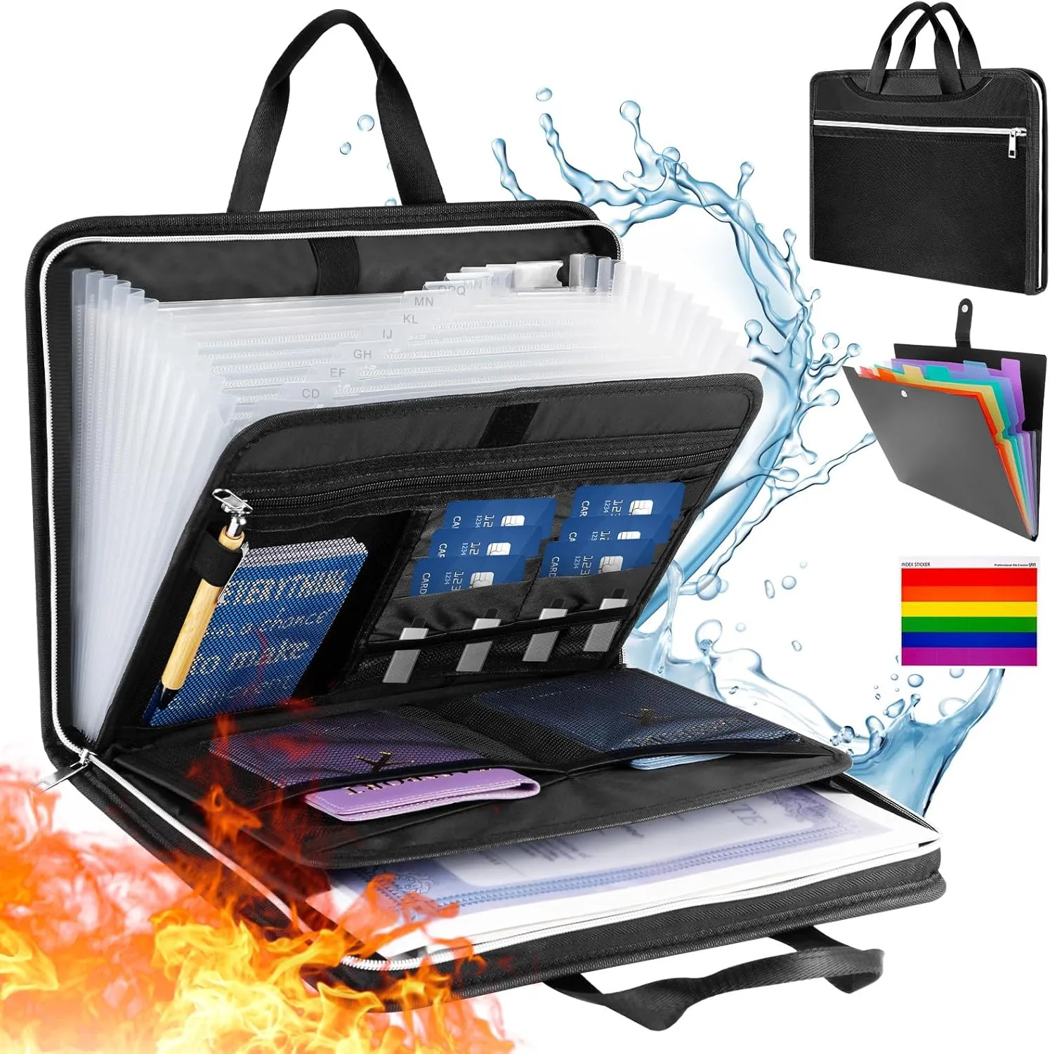 Fireproof Expanding File Folder,Portable 13 Pockets Zipper Binder Multi-Layer Important Document Organizer Extra 7 Pockets Document Holder with Labels for Important Document Storage (Handbag)
