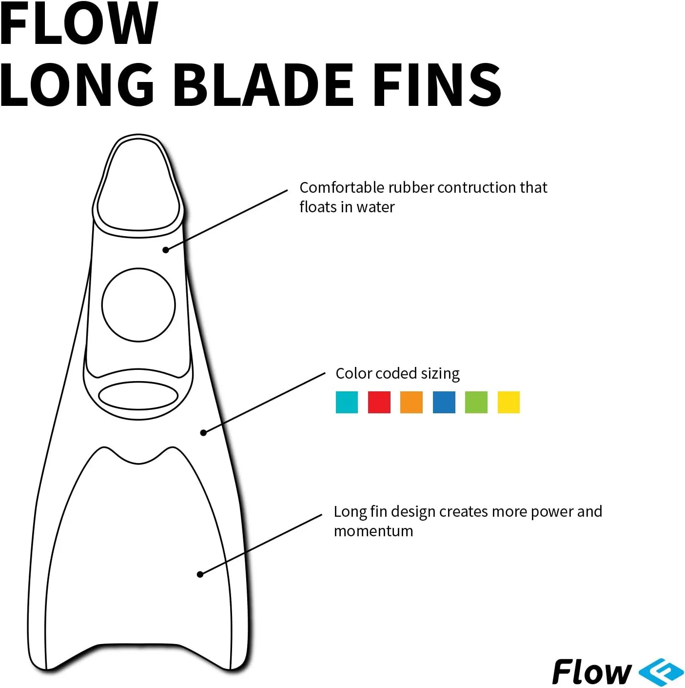 Flow Premium Rubber Long Fins for Swim and Lap Training - Youth Sizes for Kids, Young Men, and Women