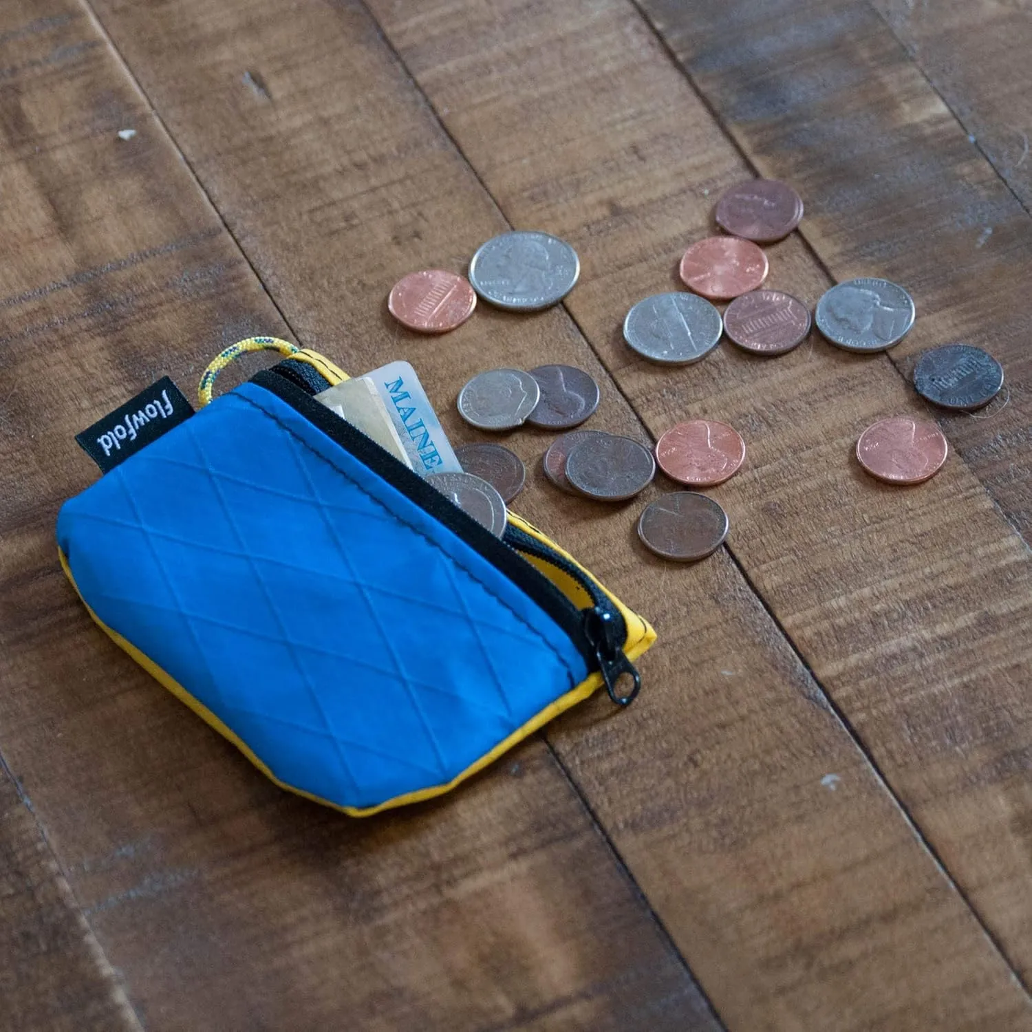 Flowfold Recycled Fabric Mini Zipper Pouch Water Repellent Small Pouch Wallet & Card Pouch for Keys, ID, Coins & AirPods Case Made in USA (Blue/Yellow, Recycled Material)