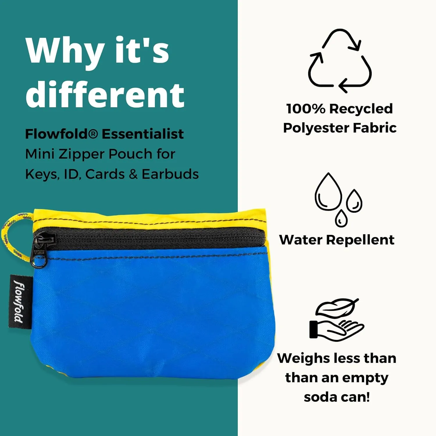 Flowfold Recycled Fabric Mini Zipper Pouch Water Repellent Small Pouch Wallet & Card Pouch for Keys, ID, Coins & AirPods Case Made in USA (Blue/Yellow, Recycled Material)