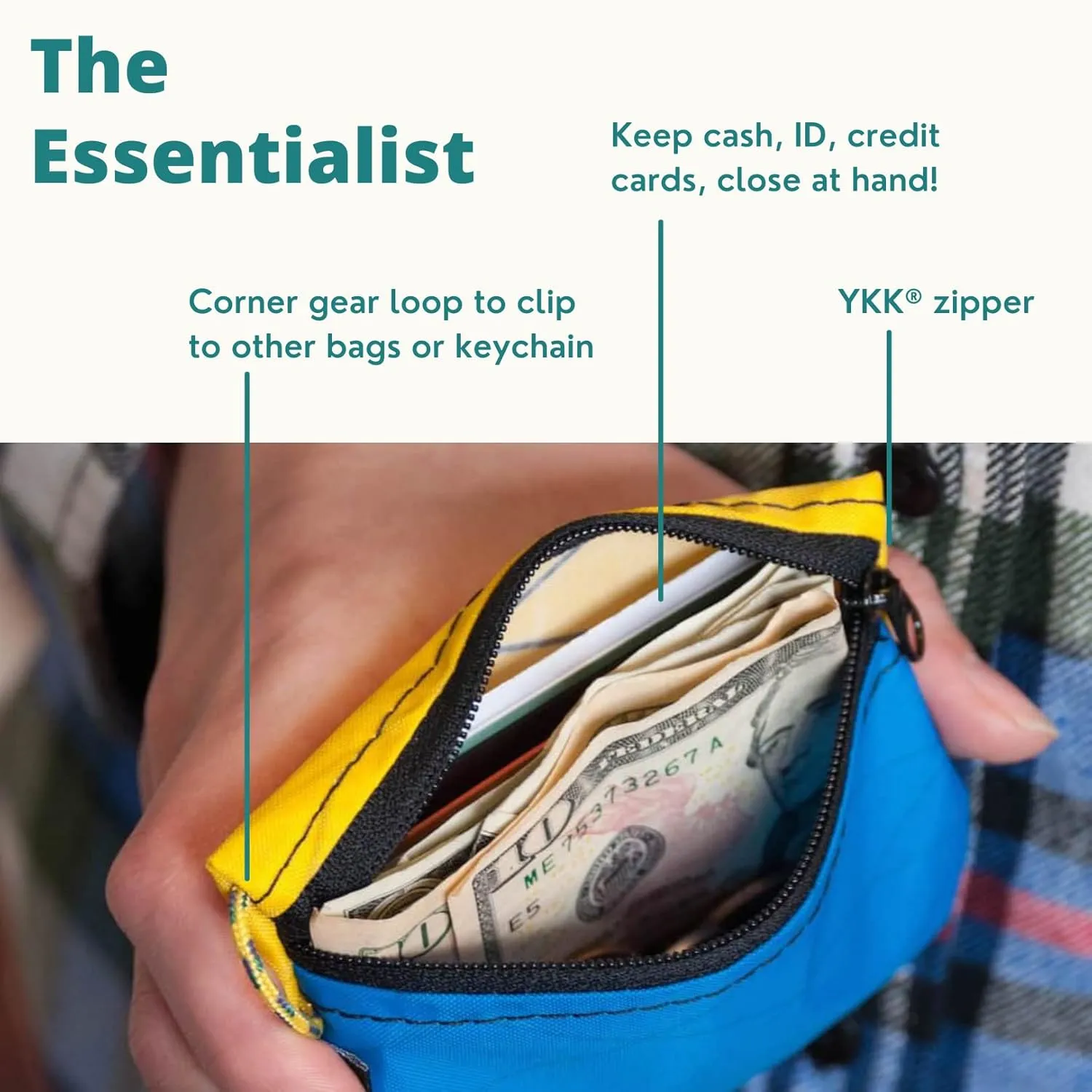 Flowfold Recycled Fabric Mini Zipper Pouch Water Repellent Small Pouch Wallet & Card Pouch for Keys, ID, Coins & AirPods Case Made in USA (Blue/Yellow, Recycled Material)