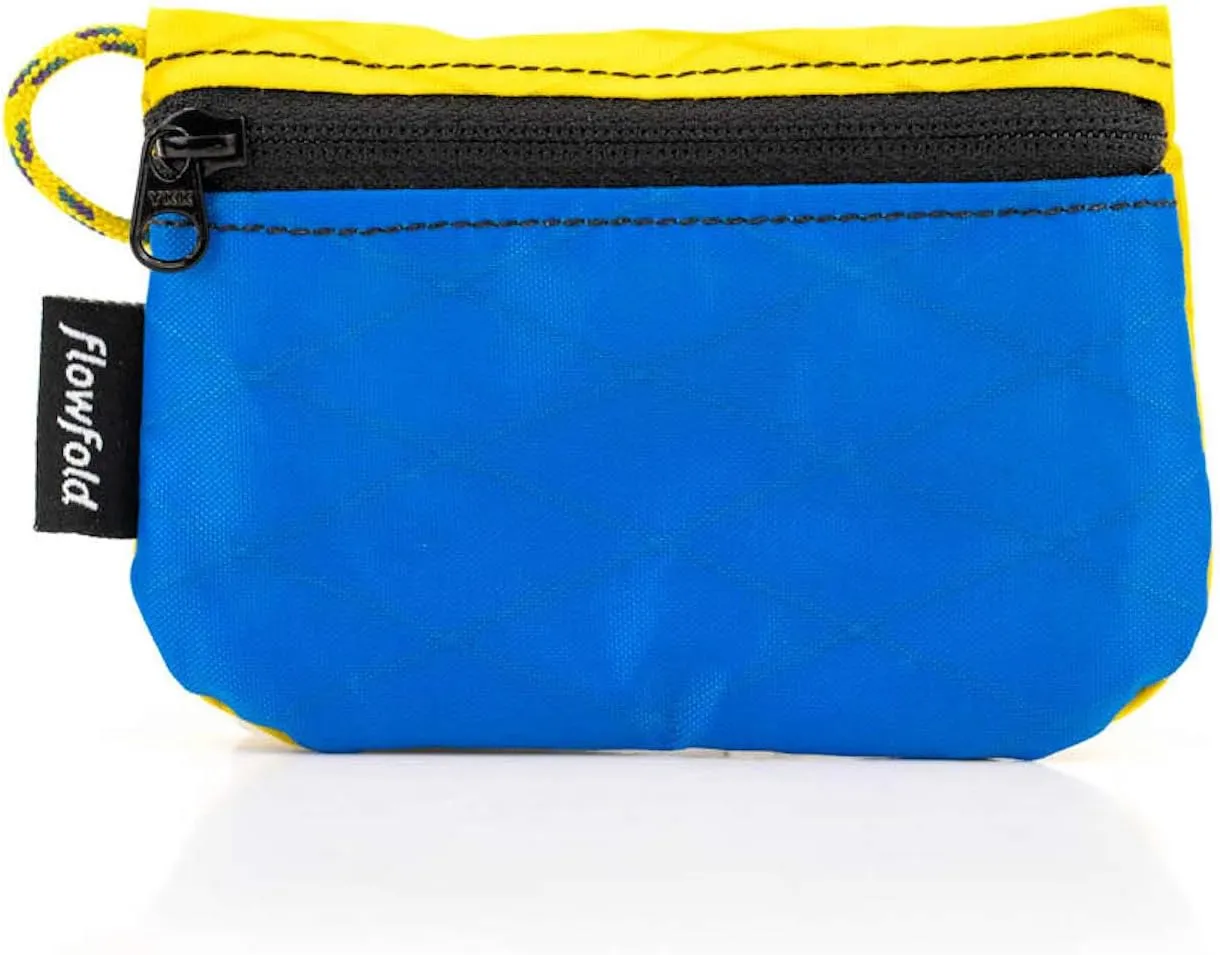 Flowfold Recycled Fabric Mini Zipper Pouch Water Repellent Small Pouch Wallet & Card Pouch for Keys, ID, Coins & AirPods Case Made in USA (Blue/Yellow, Recycled Material)