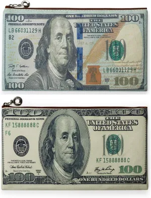 FM FM42 $100 Bank Note 2PCS Small Canvas Bag with Inner Lining Brown Zipper 20cm*11.5cm(7.87"*4.52") Storage Pouch, Hundred Dollar Bill Print