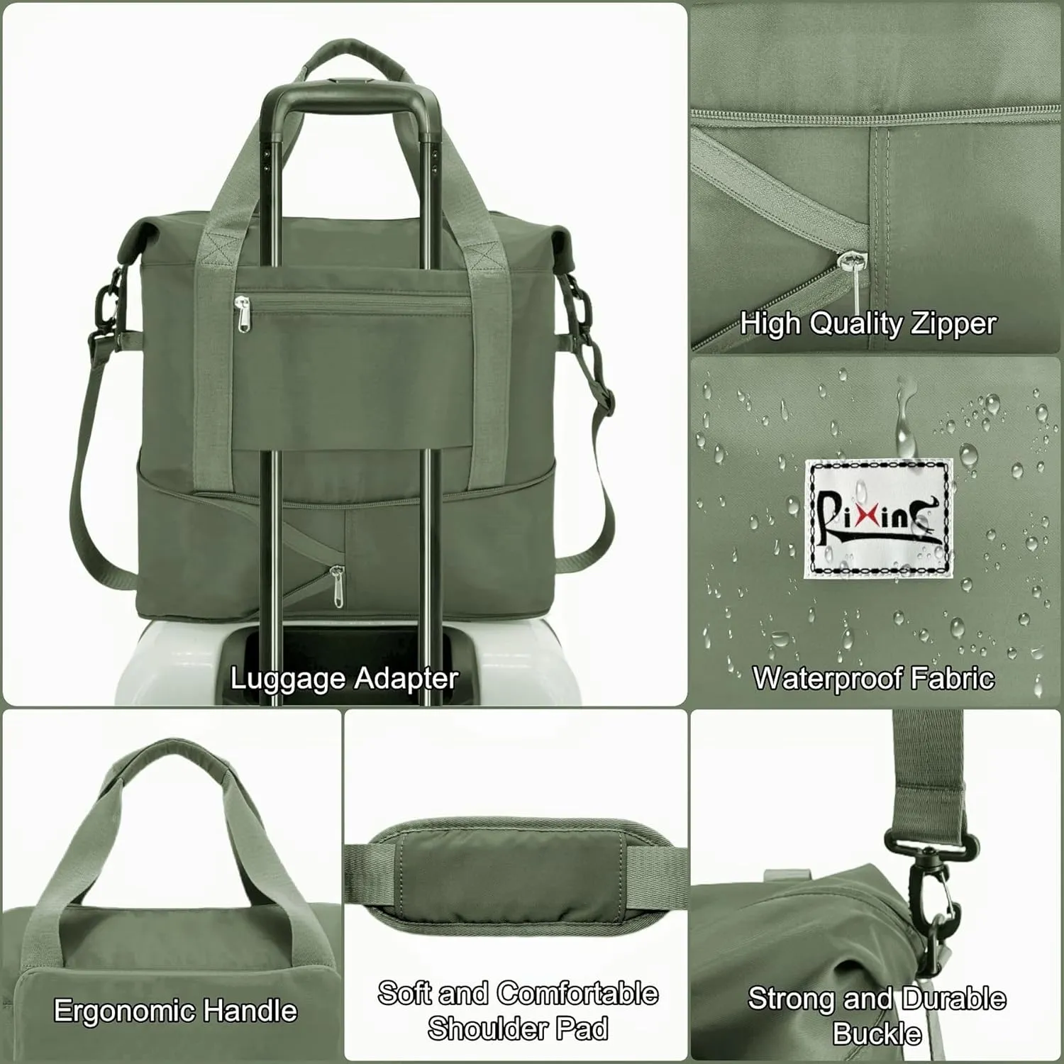 Foldable Travel Duffle Bag with Multiple Pockets, 40L Expandable Weekender Bag for Women, Overnight Carry On Gym Tote with Water Bottle Holder (Olive green)