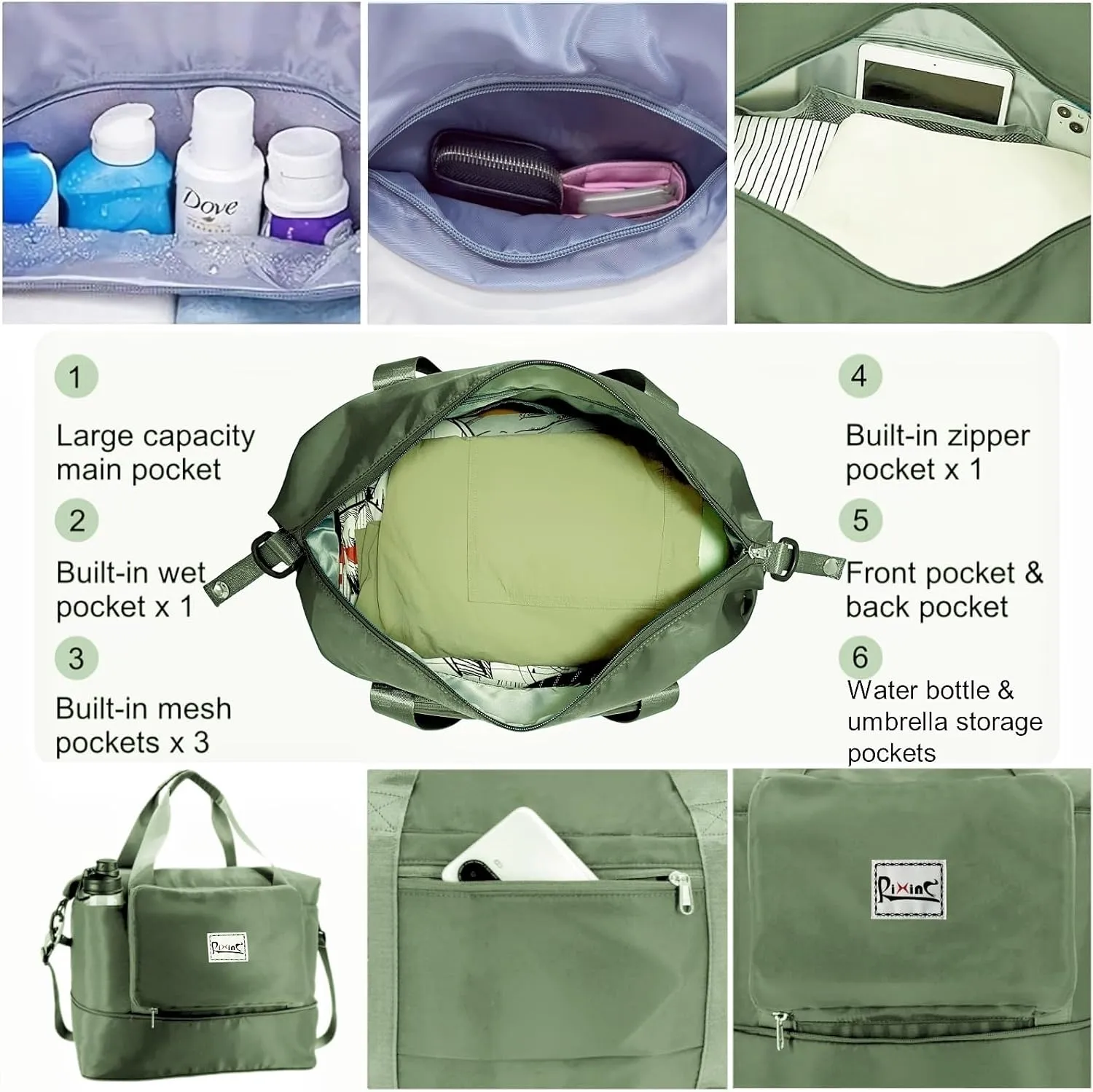 Foldable Travel Duffle Bag with Multiple Pockets, 40L Expandable Weekender Bag for Women, Overnight Carry On Gym Tote with Water Bottle Holder (Olive green)