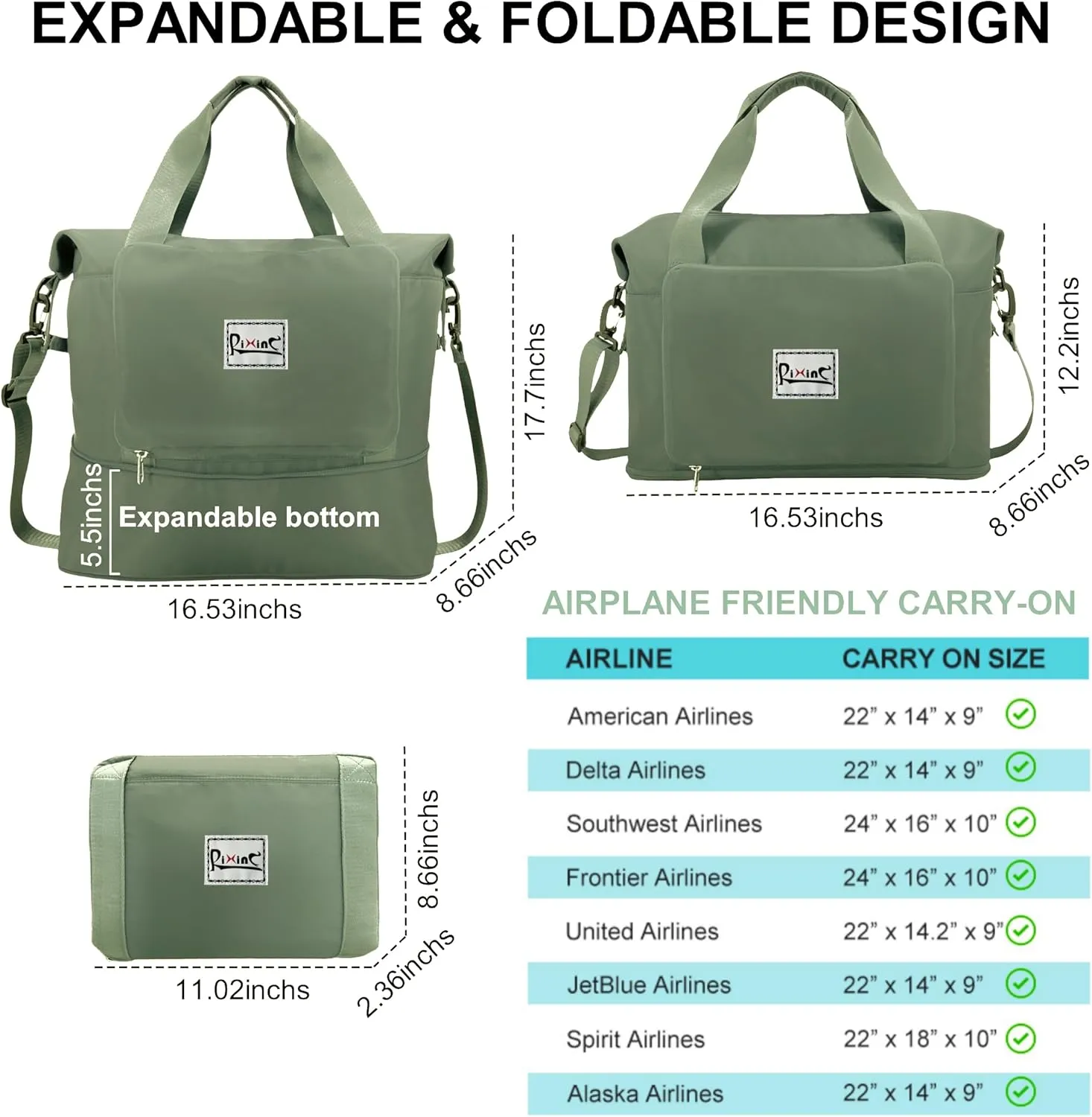 Foldable Travel Duffle Bag with Multiple Pockets, 40L Expandable Weekender Bag for Women, Overnight Carry On Gym Tote with Water Bottle Holder (Olive green)