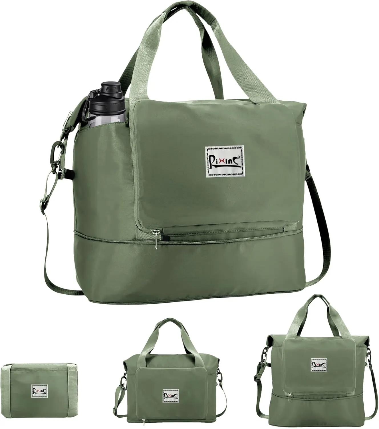 Foldable Travel Duffle Bag with Multiple Pockets, 40L Expandable Weekender Bag for Women, Overnight Carry On Gym Tote with Water Bottle Holder (Olive green)