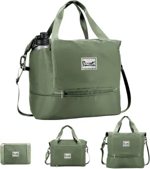 Foldable Travel Duffle Bag with Multiple Pockets, 40L Expandable Weekender Bag for Women, Overnight Carry On Gym Tote with Water Bottle Holder (Olive green)
