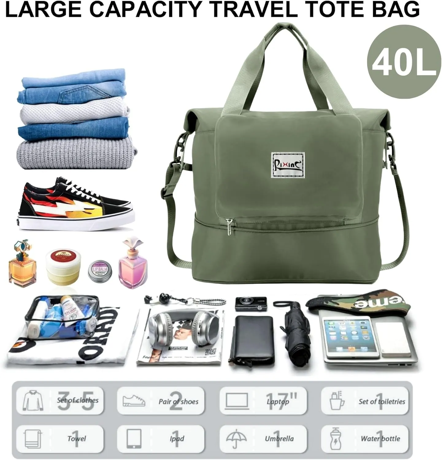 Foldable Travel Duffle Bag with Multiple Pockets, 40L Expandable Weekender Bag for Women, Overnight Carry On Gym Tote with Water Bottle Holder (Olive green)