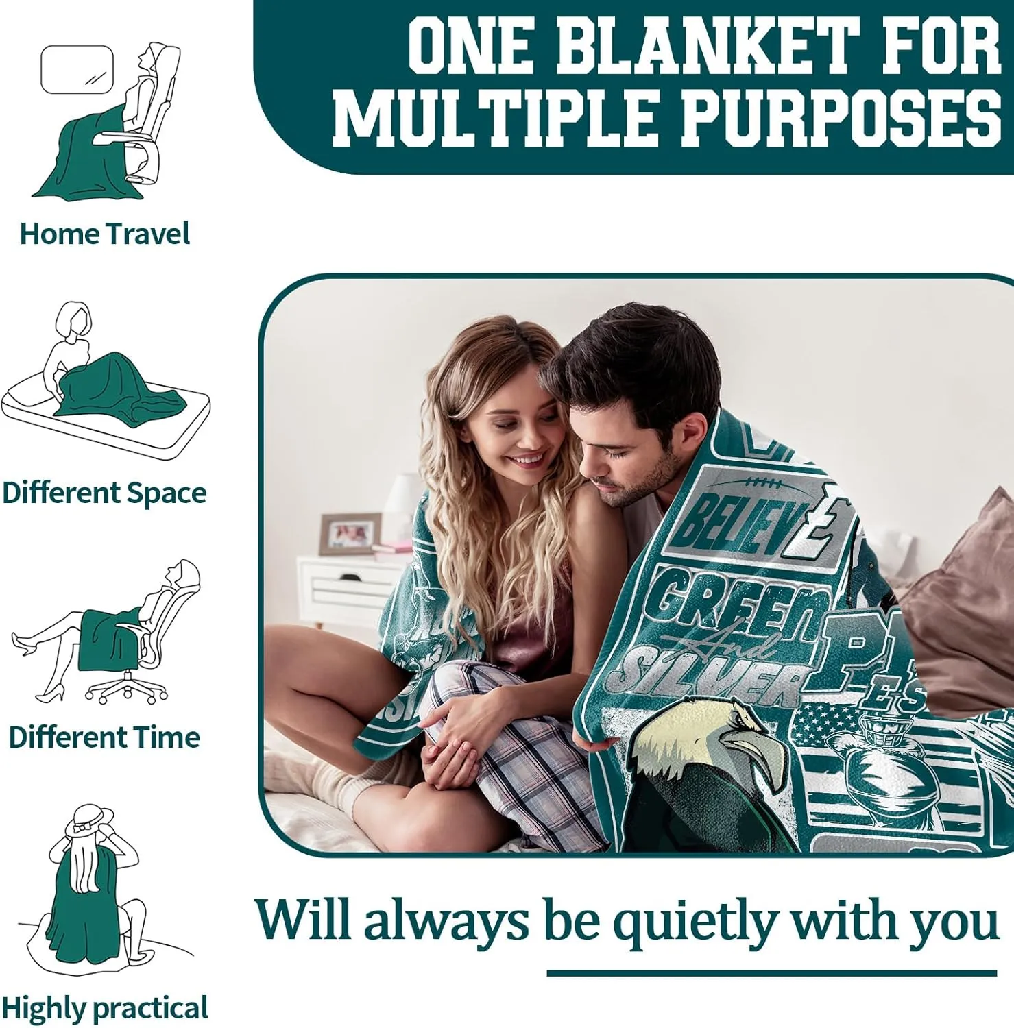 Football Blanket, Fans Gifts for Men Women, Philly Merch Gear, Green and Silver Team Color Style 50"x60" Throw Blankets for Valentines
