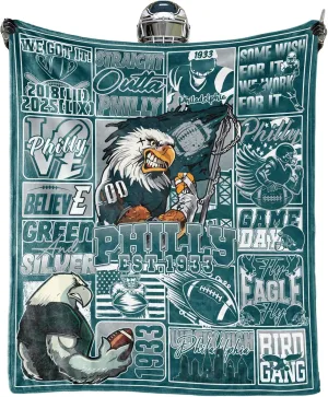 Football Blanket, Fans Gifts for Men Women, Philly Merch Gear, Green and Silver Team Color Style 50"x60" Throw Blankets for Valentines