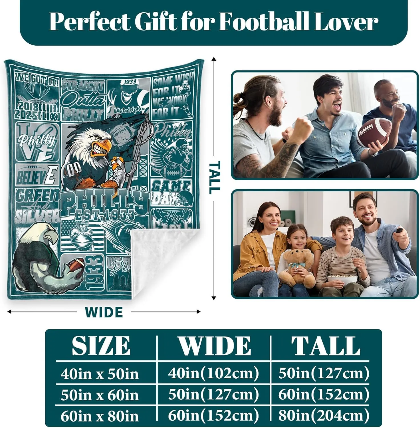 Football Blanket, Fans Gifts for Men Women, Philly Merch Gear, Green and Silver Team Color Style 50"x60" Throw Blankets for Valentines