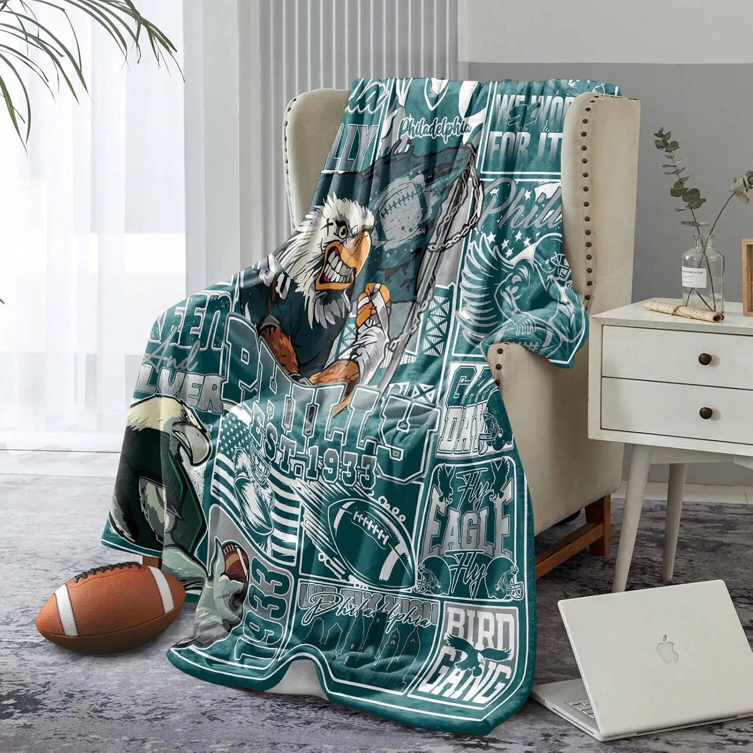 Football Blanket, Fans Gifts for Men Women, Philly Merch Gear, Green and Silver Team Color Style 50"x60" Throw Blankets for Valentines