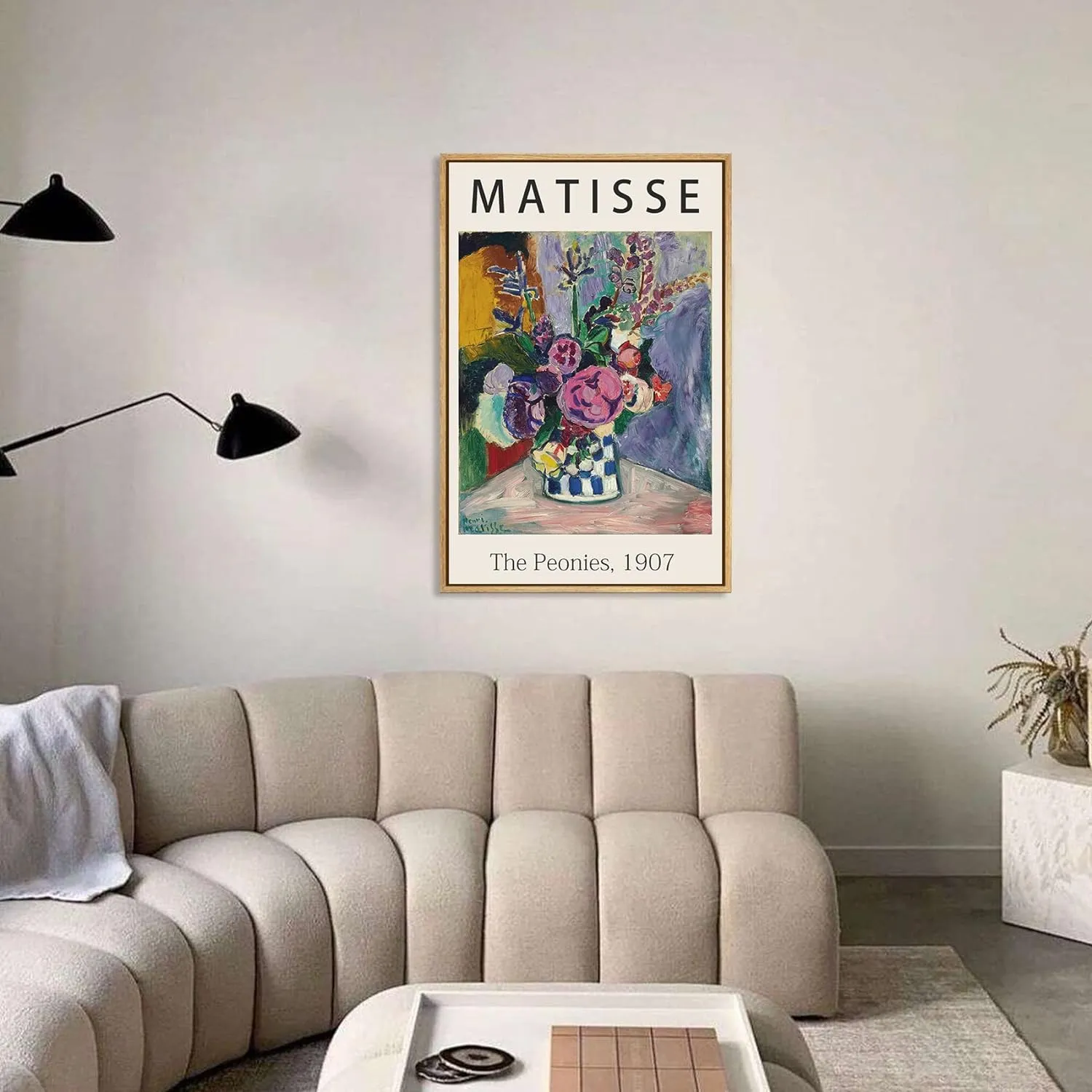 Framed Canvas Print Wall Art The Peonies, 1907 Famous Paintings By Matisse Colorful Peony Flower Illustration Canvas Print Artwork for Living Room, Bed Room, Office - 12x16 in Natural Framed