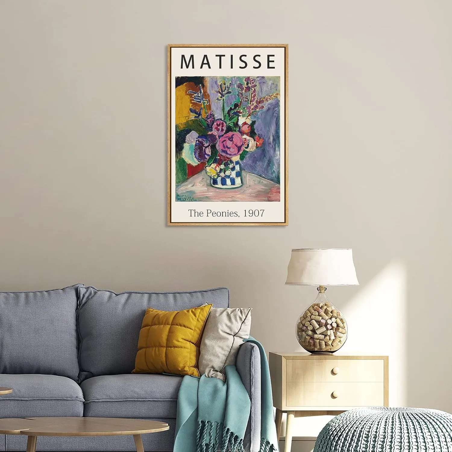 Framed Canvas Print Wall Art The Peonies, 1907 Famous Paintings By Matisse Colorful Peony Flower Illustration Canvas Print Artwork for Living Room, Bed Room, Office - 12x16 in Natural Framed