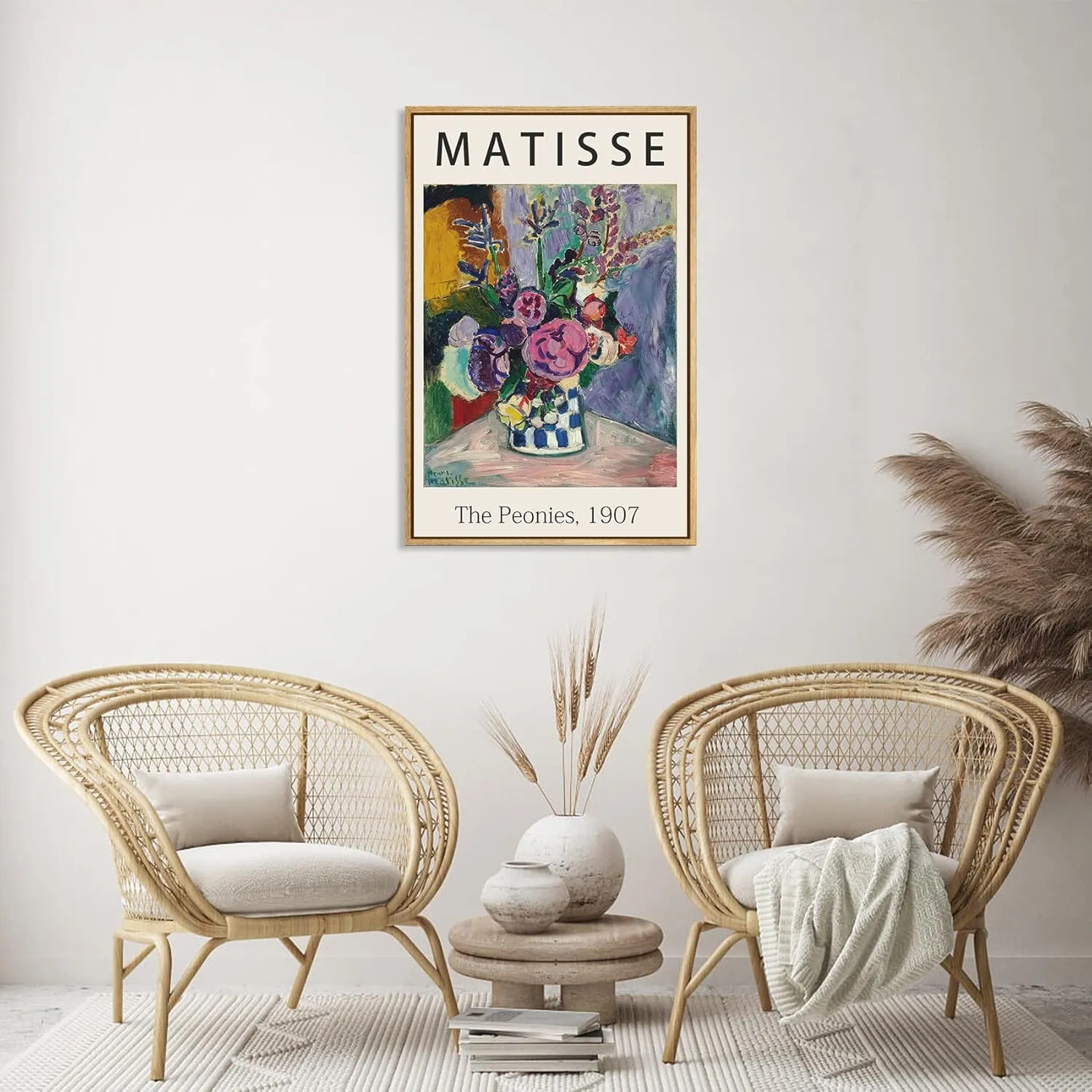 Framed Canvas Print Wall Art The Peonies, 1907 Famous Paintings By Matisse Colorful Peony Flower Illustration Canvas Print Artwork for Living Room, Bed Room, Office - 12x16 in Natural Framed