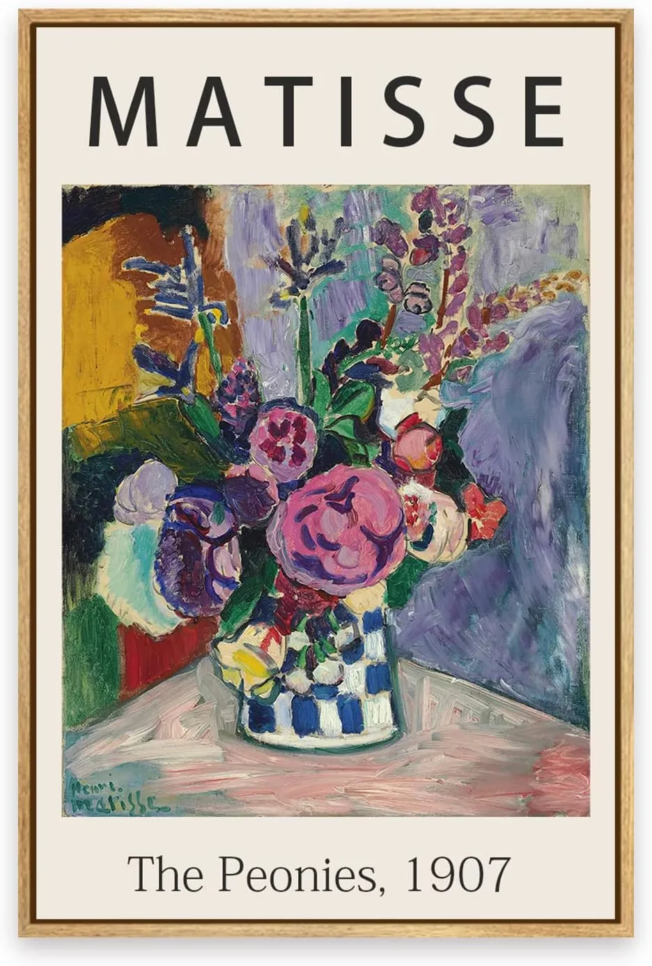 Framed Canvas Print Wall Art The Peonies, 1907 Famous Paintings By Matisse Colorful Peony Flower Illustration Canvas Print Artwork for Living Room, Bed Room, Office - 12x16 in Natural Framed