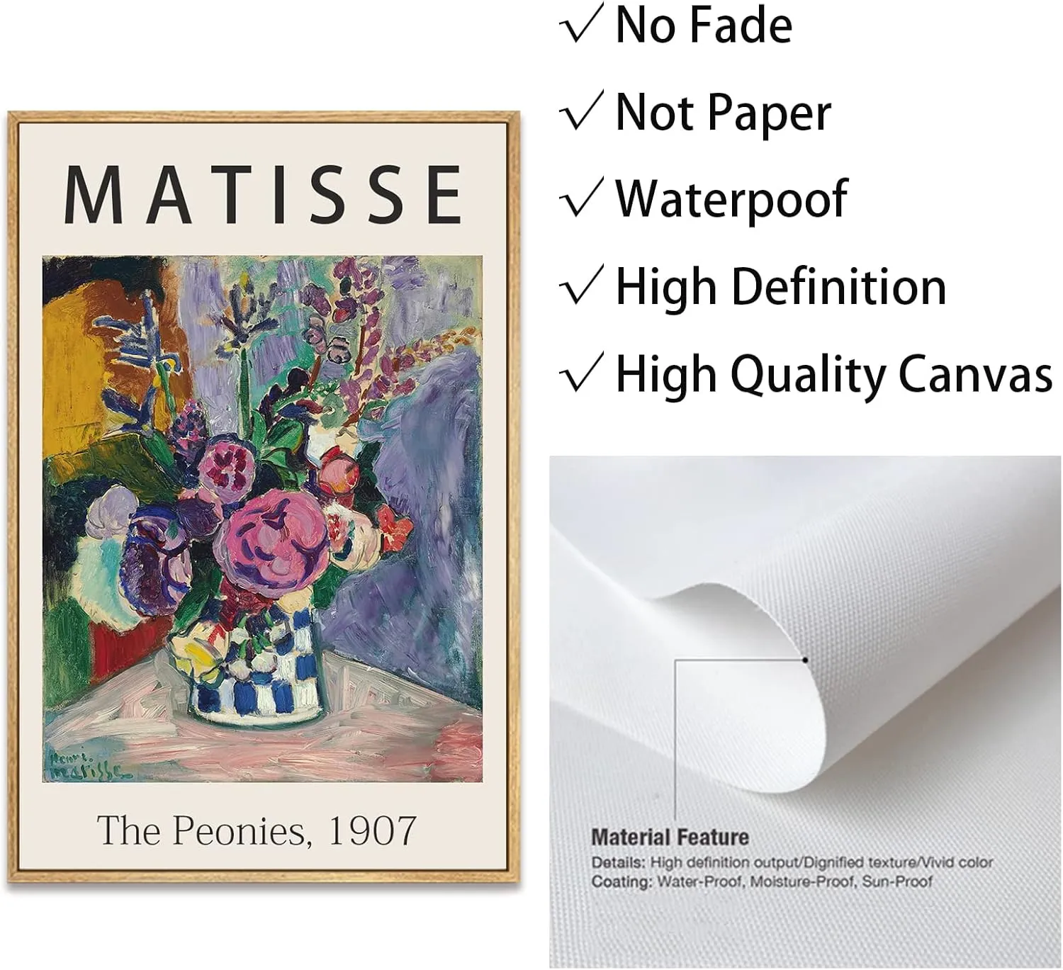 Framed Canvas Print Wall Art The Peonies, 1907 Famous Paintings By Matisse Colorful Peony Flower Illustration Canvas Print Artwork for Living Room, Bed Room, Office - 12x16 in Natural Framed