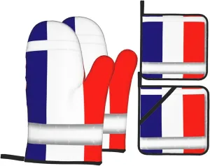 French Flag Print Convenient Oven Mitts Pot Holders Set Duty Heat Resistant Gloves with Quilted Liner