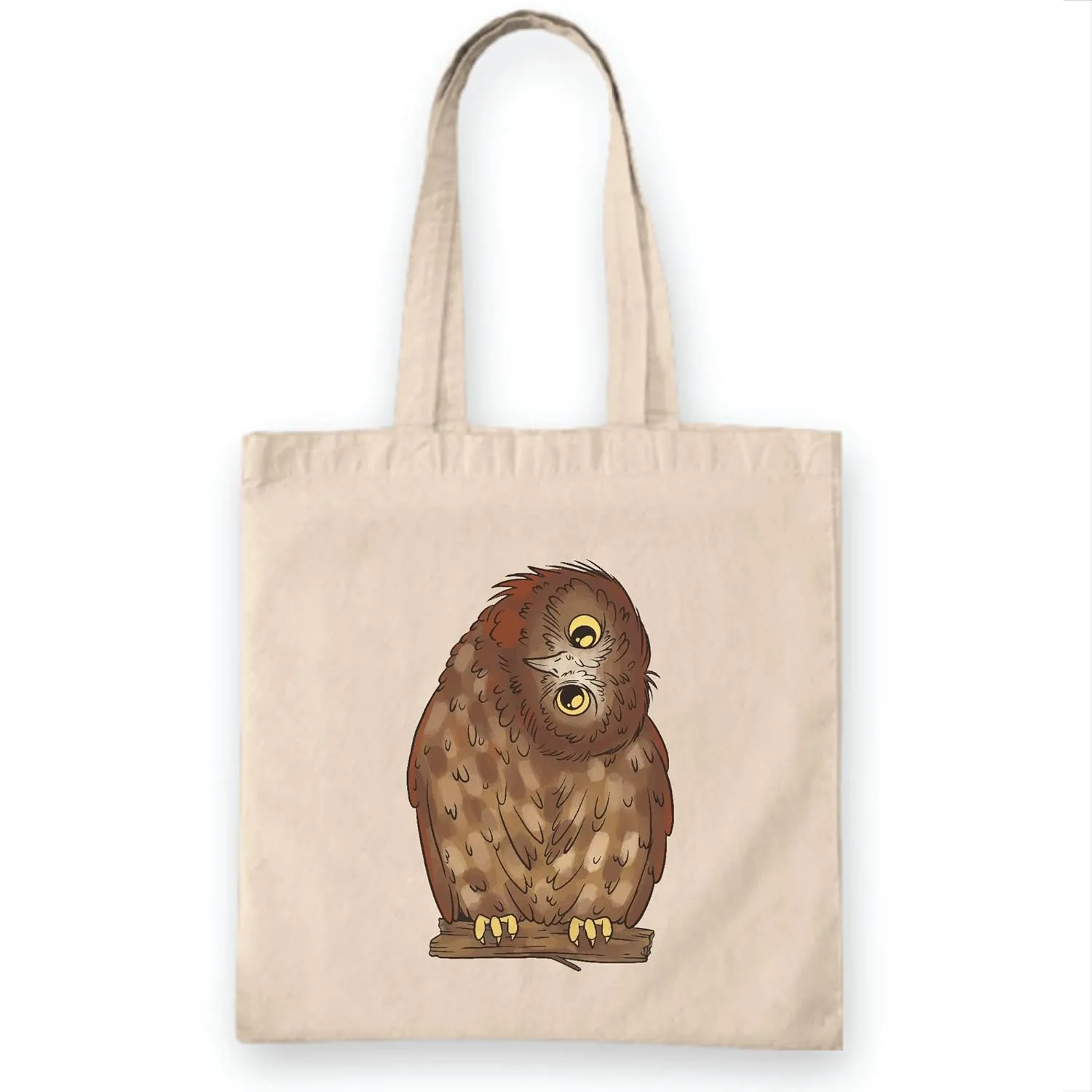 Funny Animal Lover Gift Owl with Sideways Head Natural White Multicolor Canvas Tote Bag
