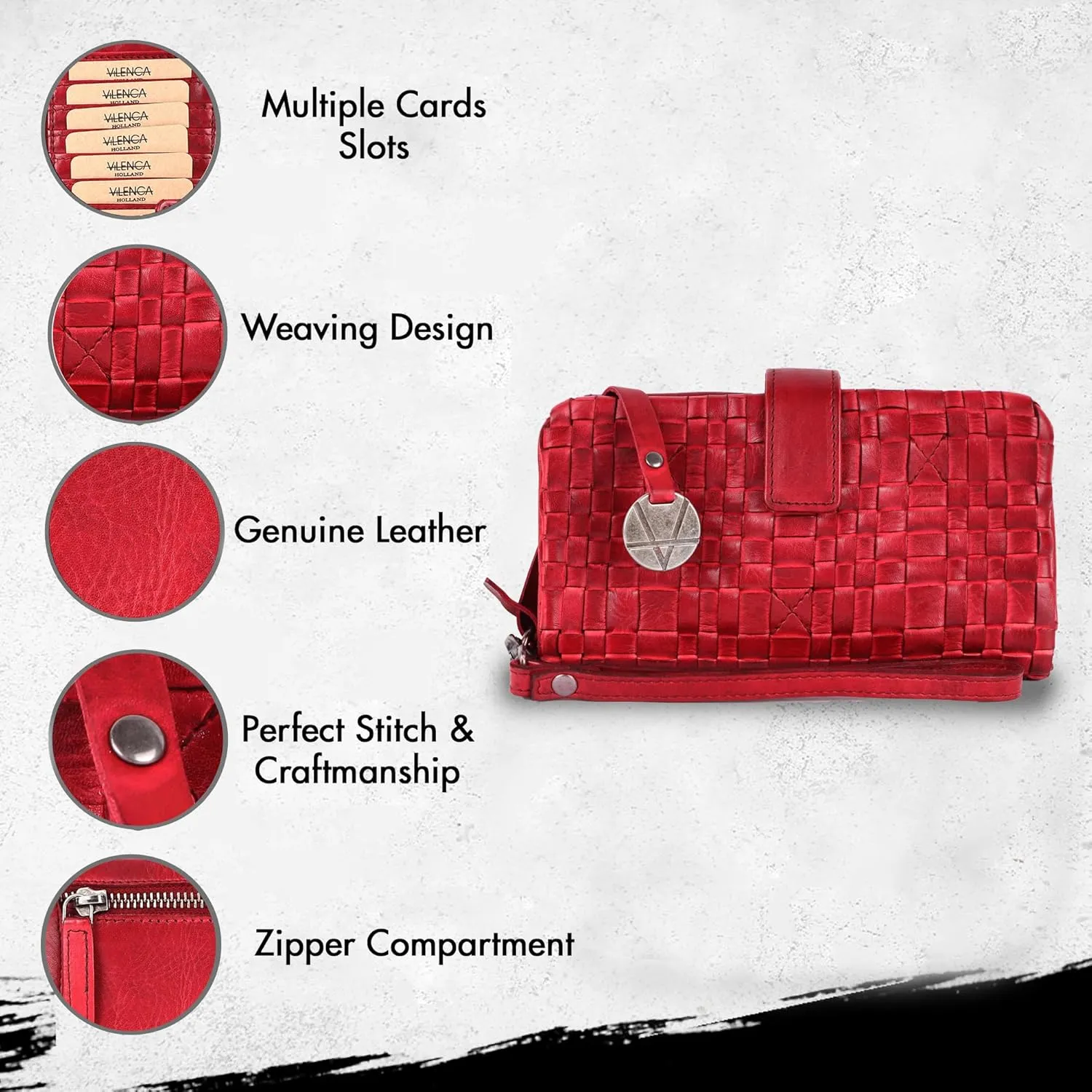 Genuine Leather Wallets for Women, Small Wallet for Women Zipper Coin Purse Credit Card Holder with Strap (VL-158-RED)