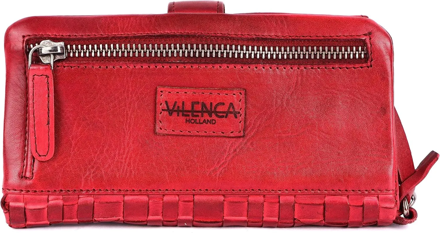 Genuine Leather Wallets for Women, Small Wallet for Women Zipper Coin Purse Credit Card Holder with Strap (VL-158-RED)