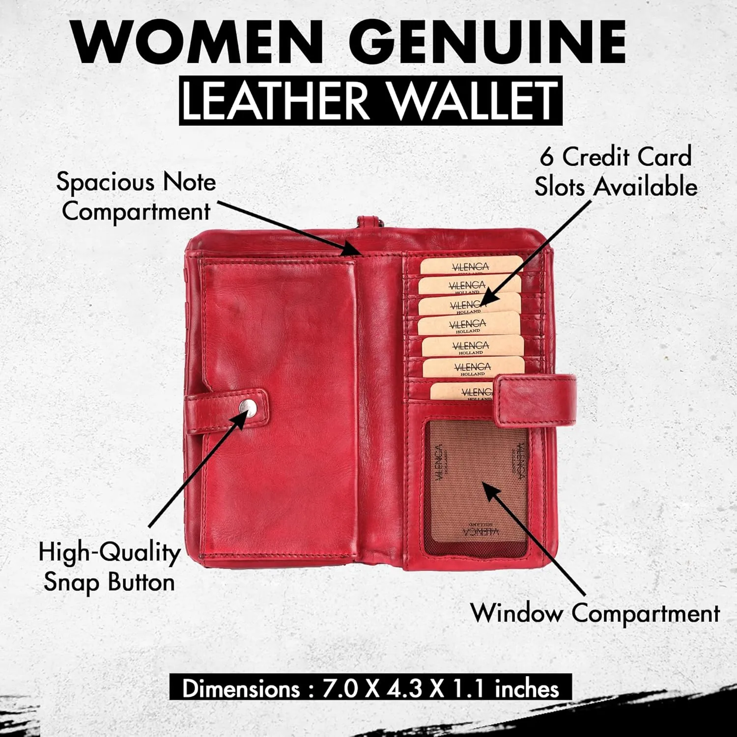 Genuine Leather Wallets for Women, Small Wallet for Women Zipper Coin Purse Credit Card Holder with Strap (VL-158-RED)
