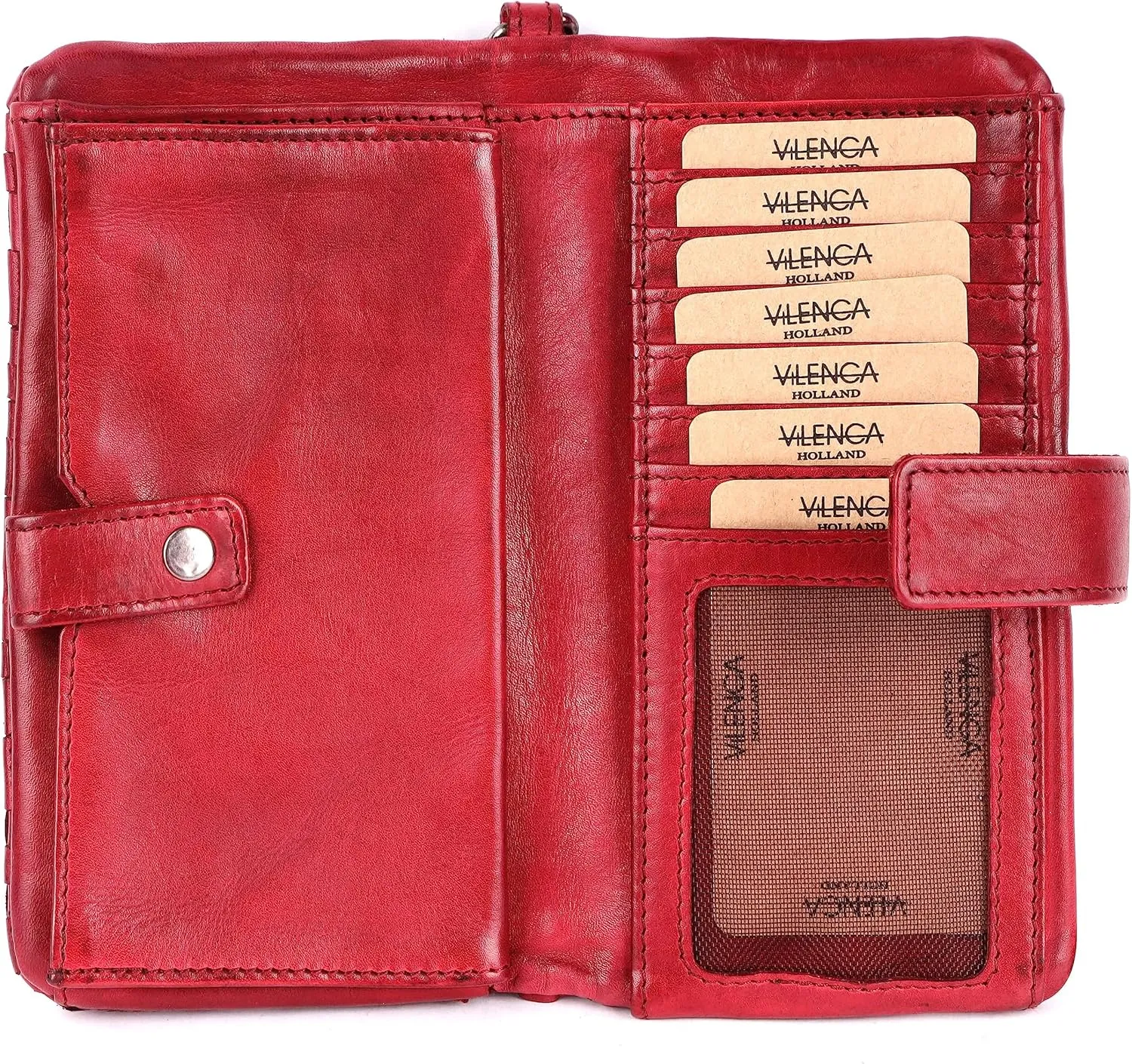 Genuine Leather Wallets for Women, Small Wallet for Women Zipper Coin Purse Credit Card Holder with Strap (VL-158-RED)